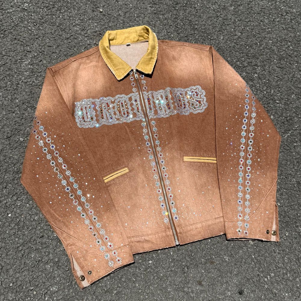 Custom Denim Jacket in Denim with Color-block design, Sun-faded effect, Embroidery, Rhinestone, Distressed manufactured by Huaxing Apparel