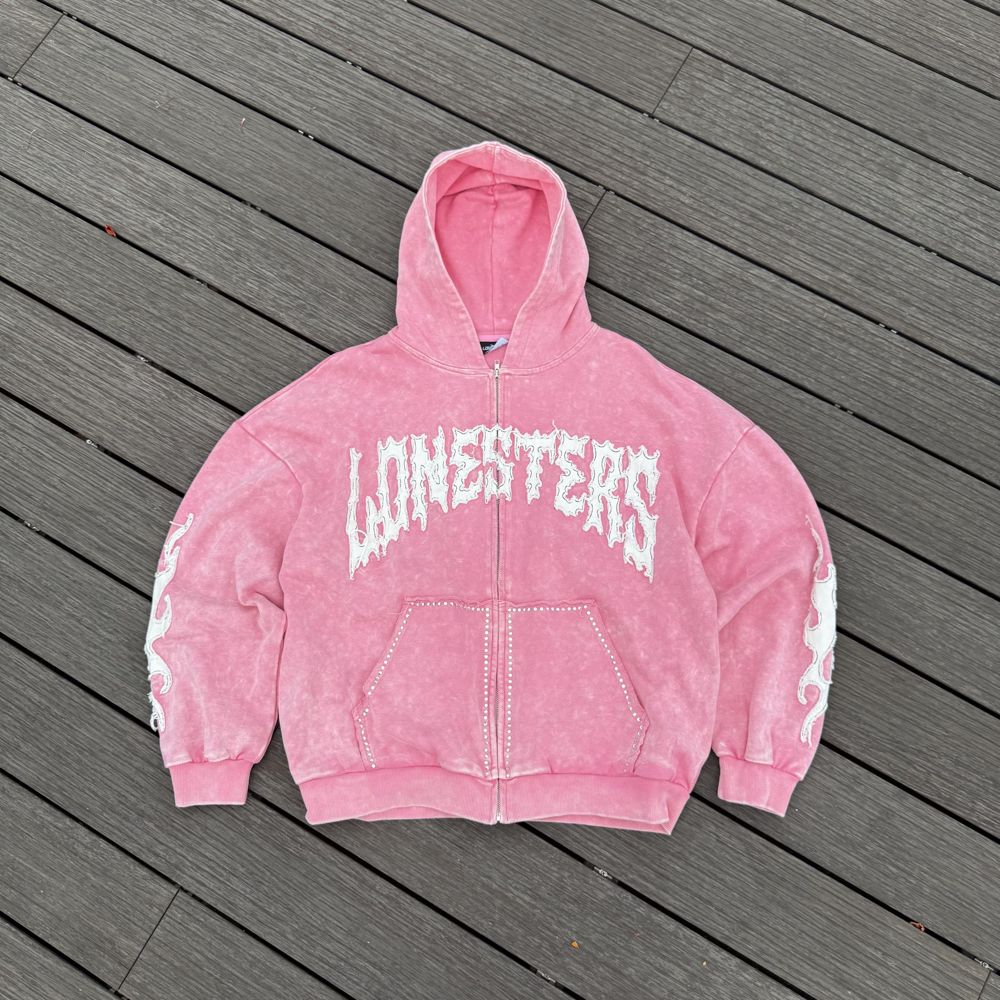 Custom Hoodie in Brushed Fleece 380GSM with Frayed-edge embroidery, Snow wash effect, Rhinestone manufactured by Huaxing Apparel