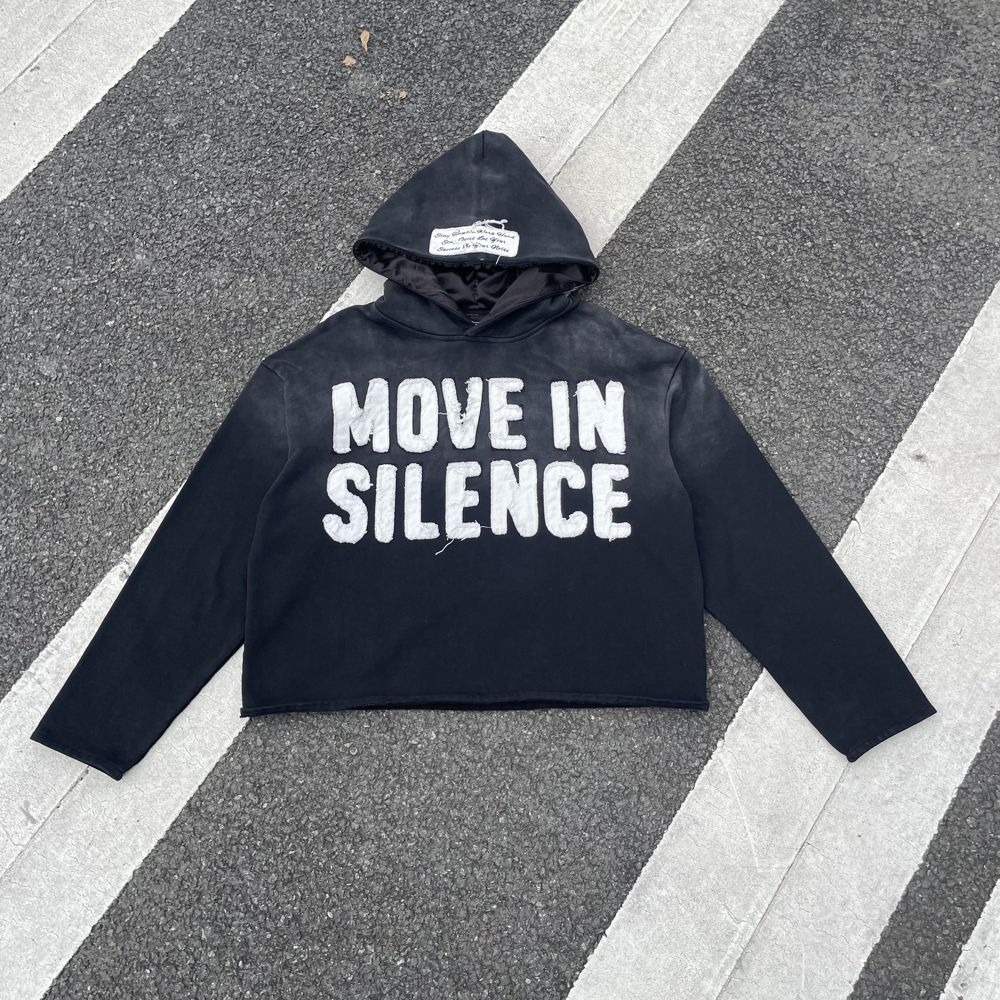 Custom Hoodie in Brushed Fleece 420GSM with Sun-faded effect, Frayed appliqué embroidery, Black satin panel design manufactured by Huaxing Apparel