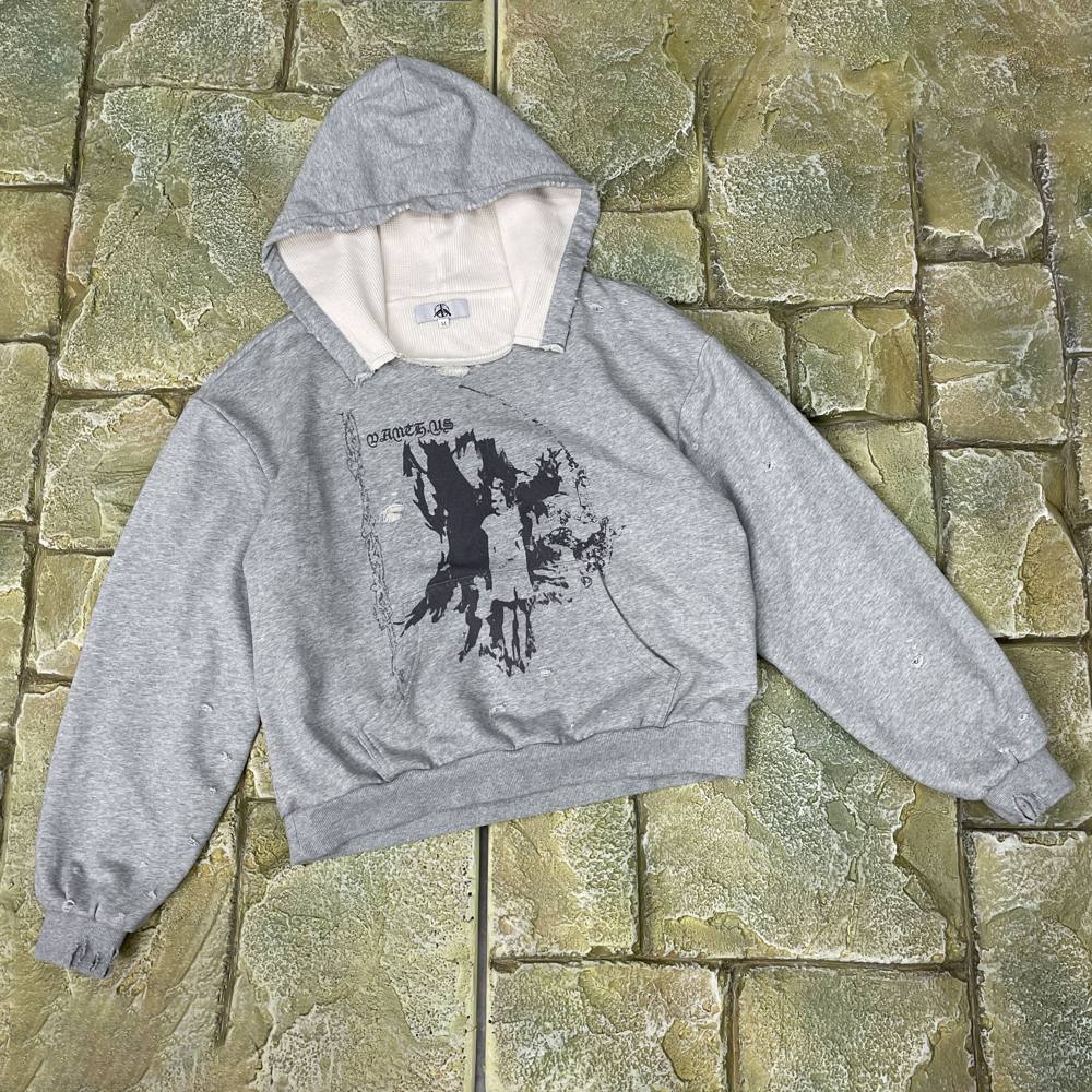 Custom Hoodie in Cotton + Waffle Lining 360GSM with Waffle-knit lining, 360GSM, Digital printing, Distressed details manufactured by Huaxing Apparel
