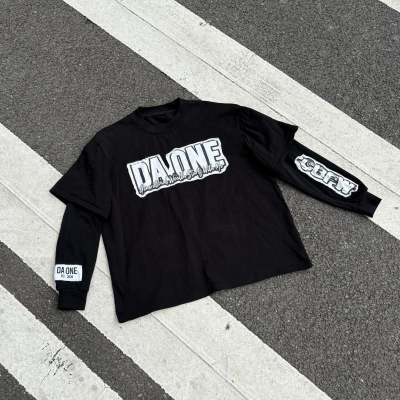 Custom Layered Tee in 280GSM Cotton with Distressed embroidery, Raw-cut distressed effect, Custom label manufactured by Huaxing Apparel