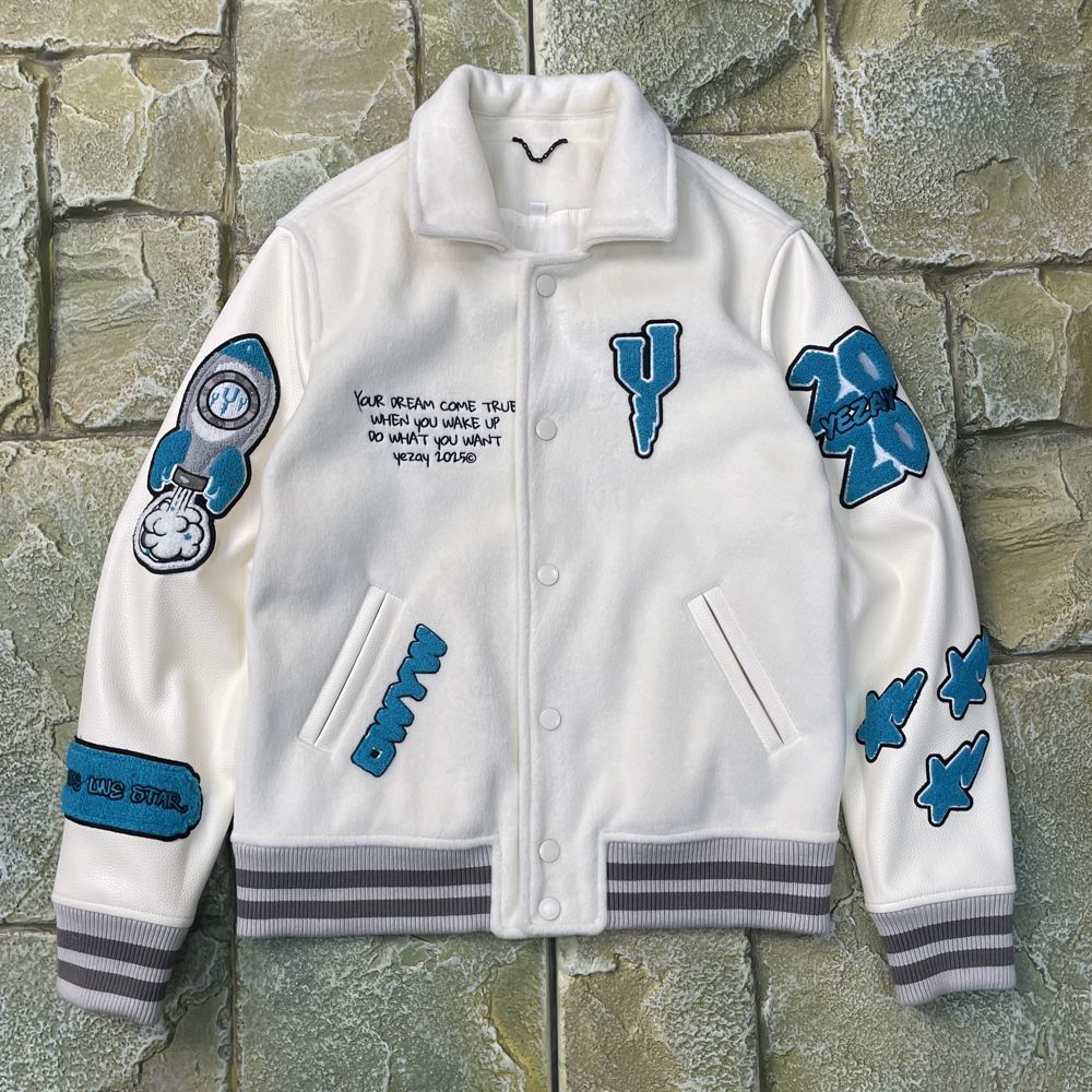 Custom Varsity Jacket in Leather Panels with Chenille embroidery, Snap-button design, Custom ribbing manufactured by Huaxing Apparel