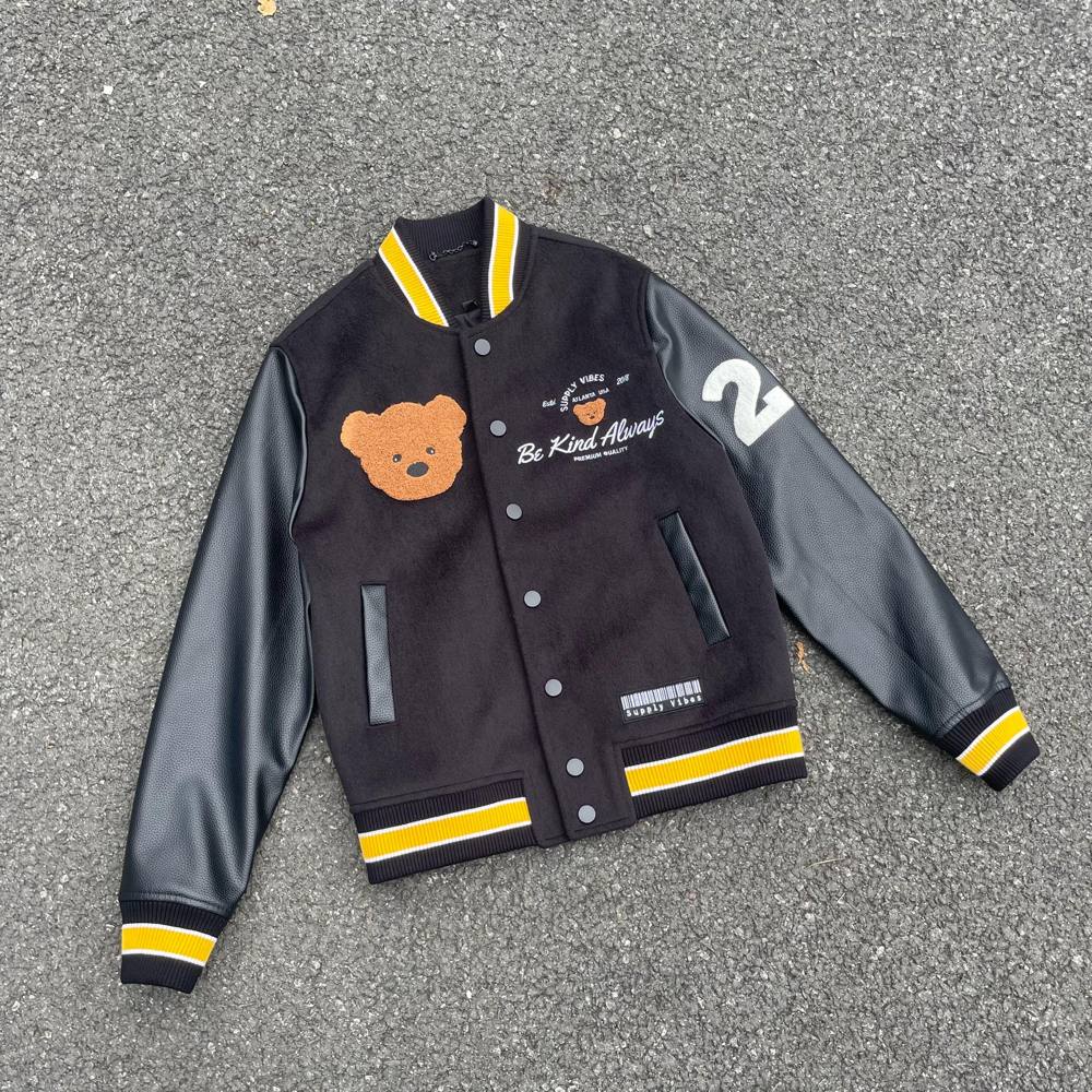 Custom Varsity Jacket in Leather Sleeves with Chenille embroidery, Bound-edge embroidery, Custom ribbed manufactured by Huaxing Apparel