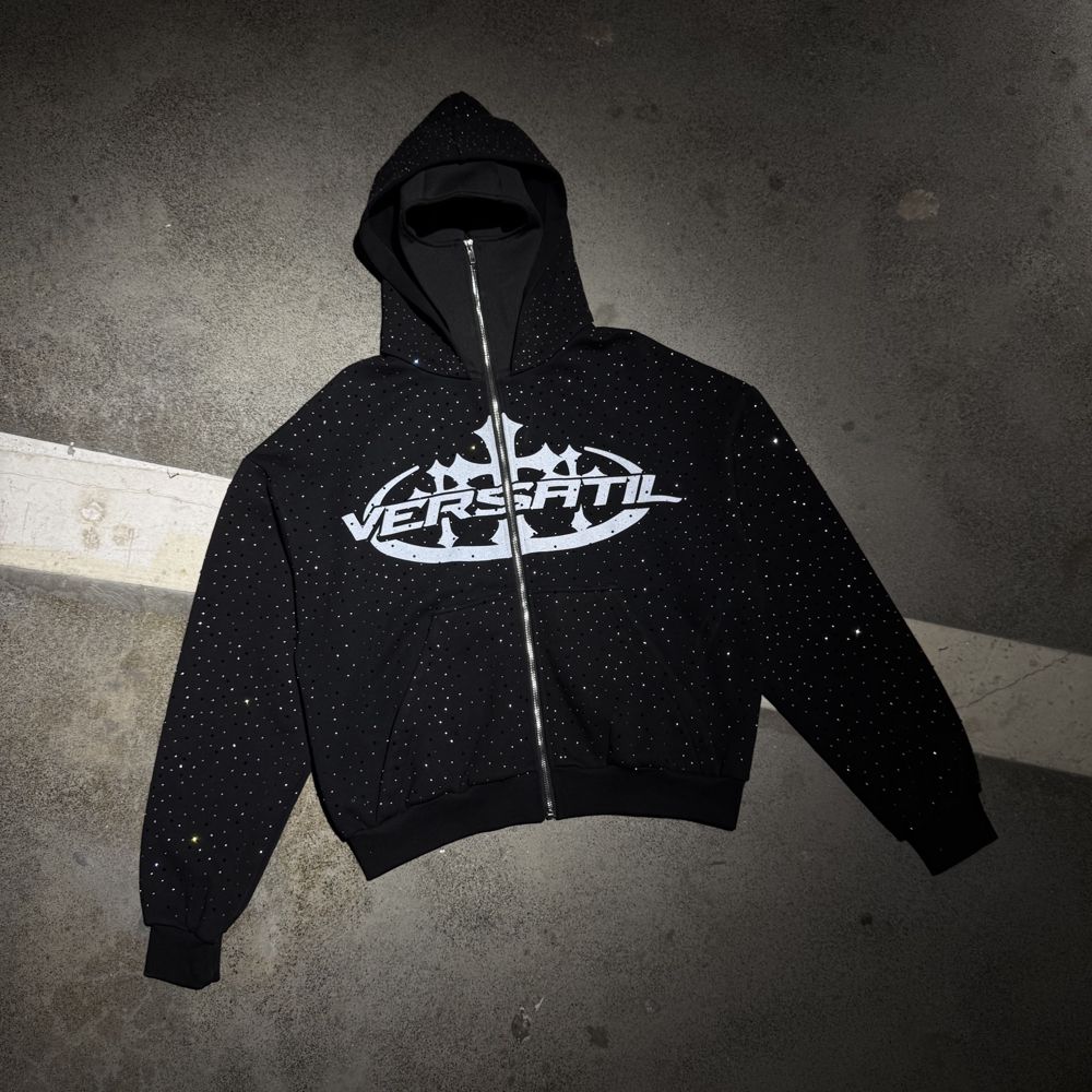 Custom Zip Hoodie in French Terry 420GSM with DTG print, Rhinestone, Balaclava-style double-layer hood manufactured by Huaxing Apparel