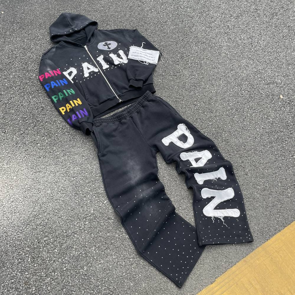 Custom Zip Hoodie Set in French Terry 420GSM with Rhinestone, Frayed-edge appliqué embroidery, DTG printing, Sun-faded effect, Distressed edge effect manufactured by Huaxing Apparel