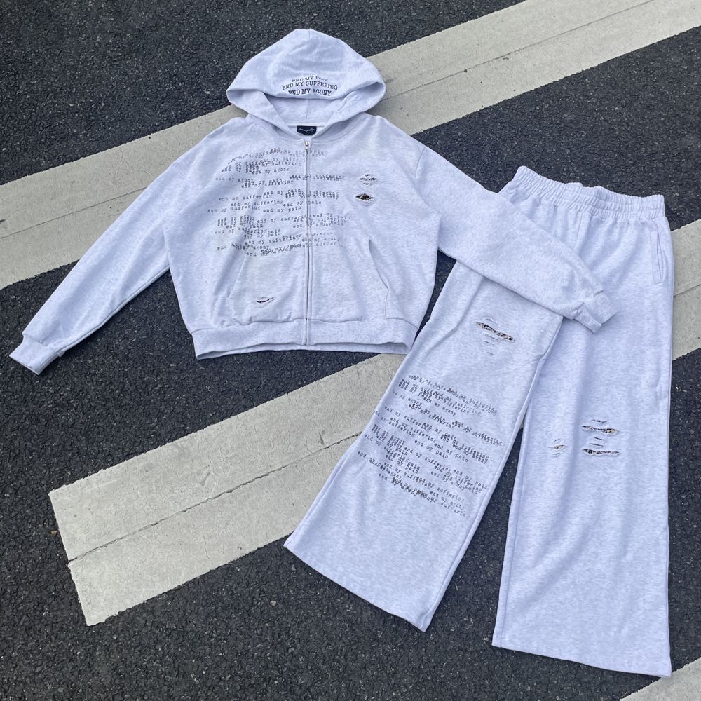 Custom Zip Hoodie Set in French Terry 380GSM with DTG printing, Embroidery, Leopard-print patch manufactured by Huaxing Apparel