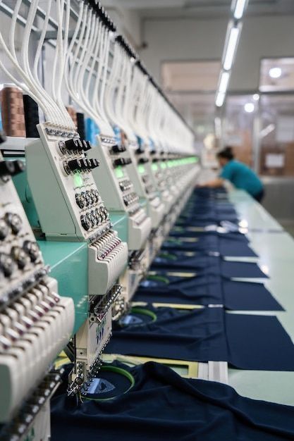 Multi-head embroidery machines in-house at Huaxing Apparel factory in Dongguan, China